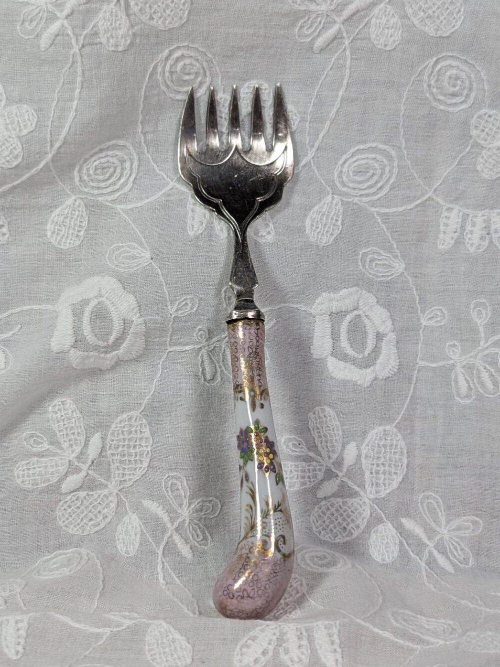 Vintage Cloisonne Handle Small Hors D'oeuvres/Serving Fork, Pink